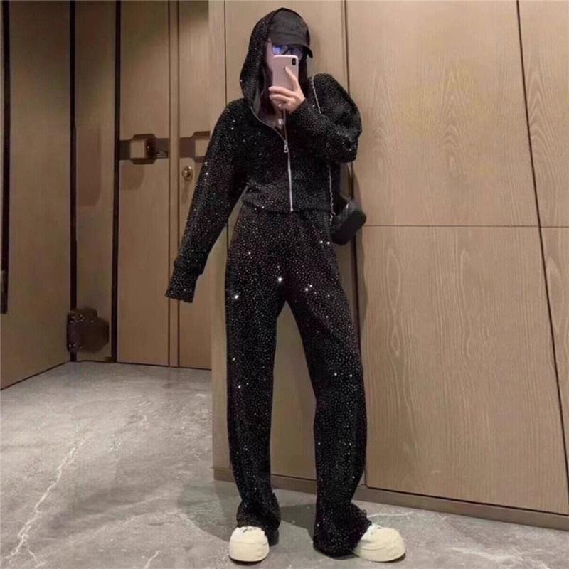 Neuer Glänzender Trainingsanzug für Damen Locker sitzender Hoodie Weite Hosen Lässiges Outfit
