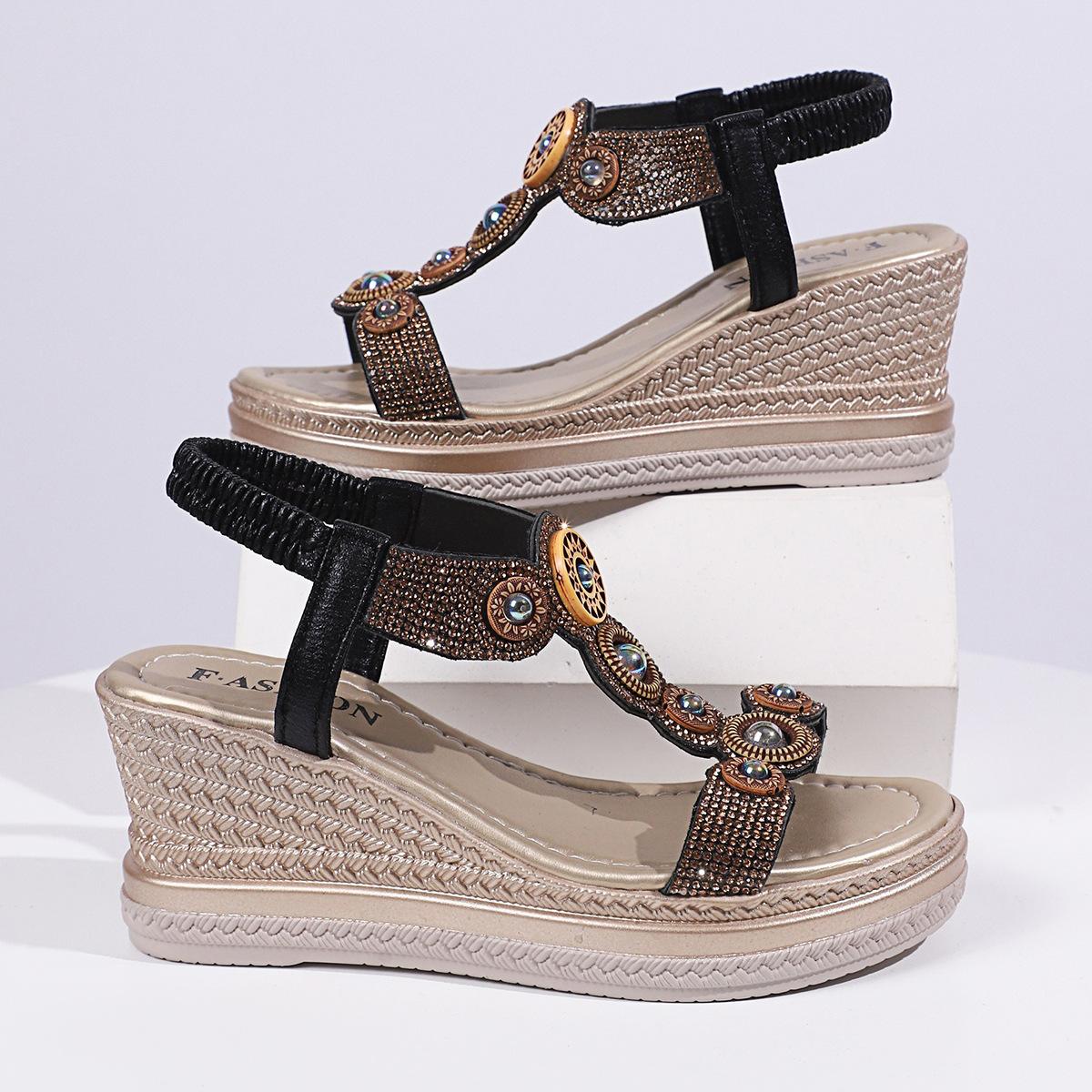 

Fashion Crystal Decor Wedge Sandals for Women Bohamian Style Chunky Platform Sandalias Femmes Summer Thick Bottom Beach Sandales Shoes 42 чёрный