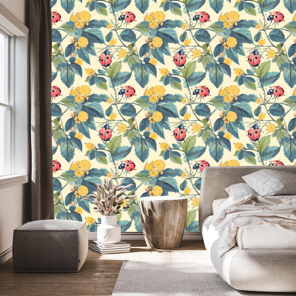 Ladybugs Wallpaper Cream and Turquoise for Living Room and Bedroom 50x1000