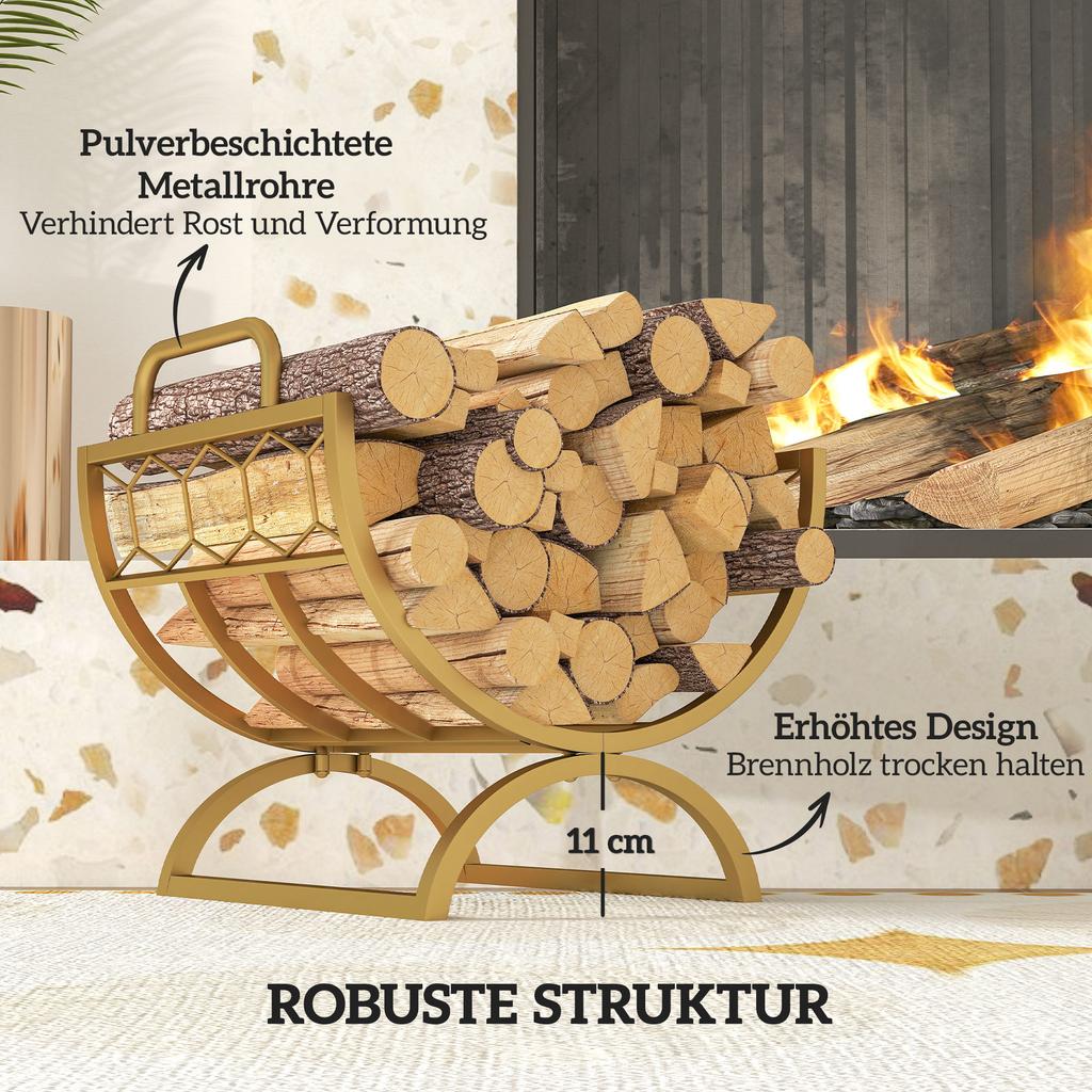 Indoor Firewood Rack 46 x 36 x 41cm Firewood Rack for Fireplace Stove Metal Gold