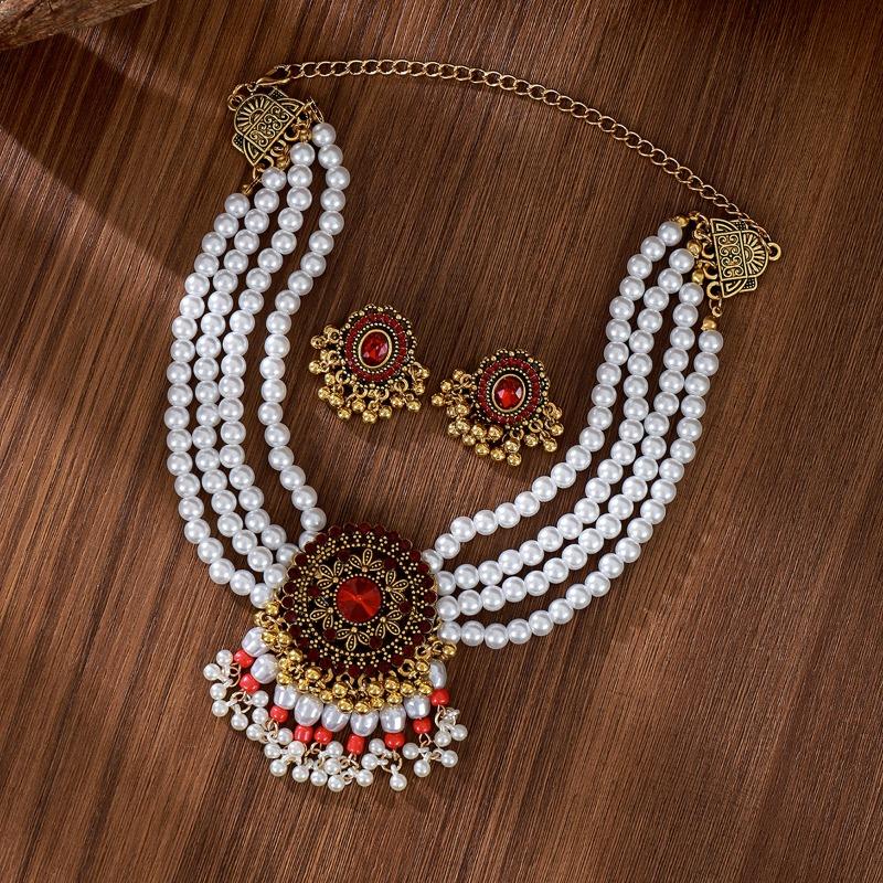 Meier Multi-layer pearl rice bead tassel earring necklace set - bohemian ethnic jewelry