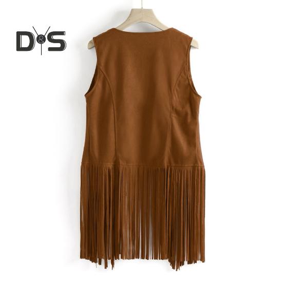 Women Cardigan Tassel Fringed Solid Color Open Stitch Vintage Western Cowboy Cosplay Hippie Sleeveless Stage Performance Role Play Lady Waistcoat