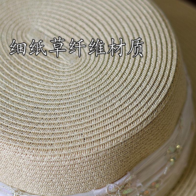 Sweet sequined flower webbing flat top top hat fashion travel vacation shade spring and summer sun protection straw hat woman