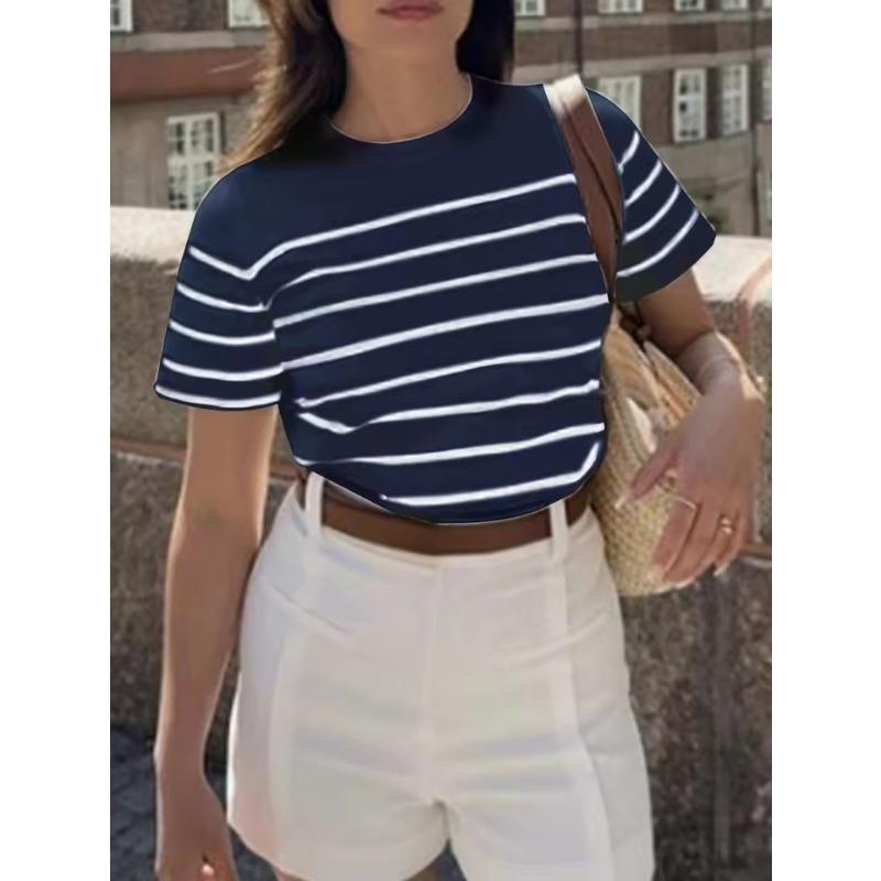 Women Striped Casual Versatile 3D T-Shirt Graphic Tees Round Neck Loose Classic Short Sleeve Vacation Entertainment Commuter Top