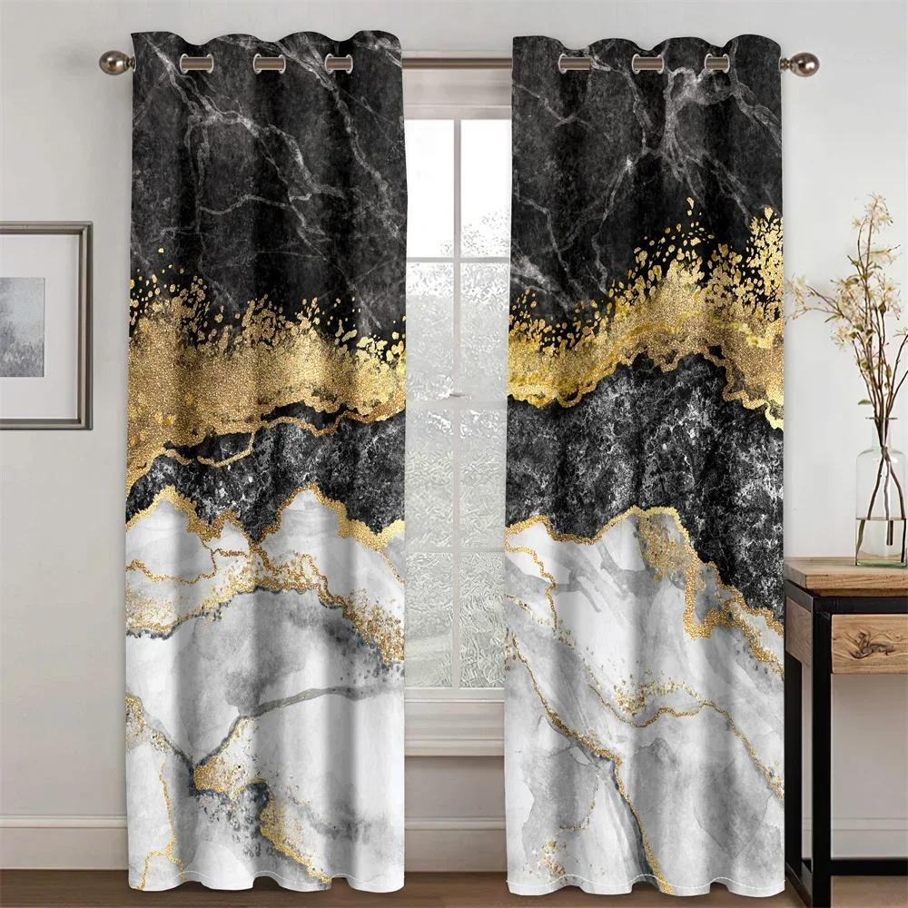 Luxury Abstract Art Marble Black Gold Free Shipping 2 Pieces Thin Shading Window Curtain for Home Living Room Bedroom Decor Hook