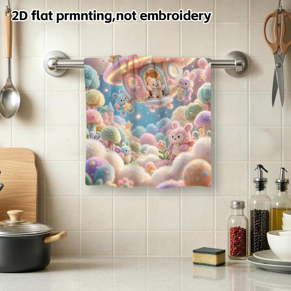 Cute UFO Space Rabbit Towel, Super Absorbent Soft Bath Towel, Pastel Moon Star Fantasy Kids Hand Towel