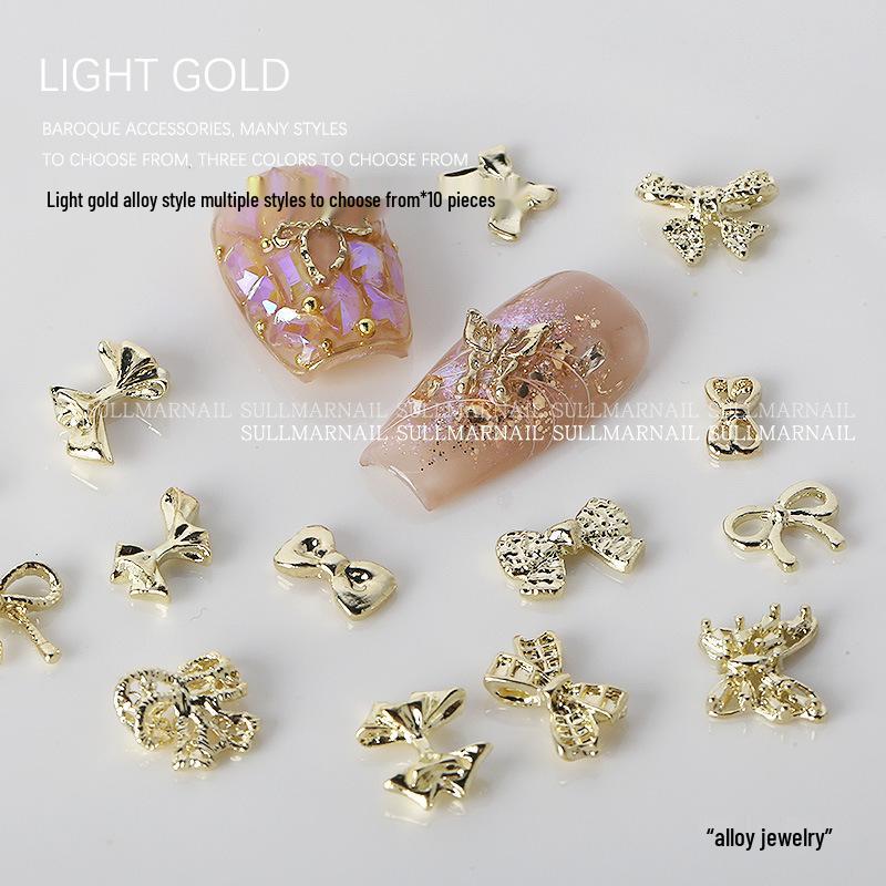 Golden Butterfly 3D Nail Art Set - 10 Pieces of Light Gold Ribbon Bow Decorations