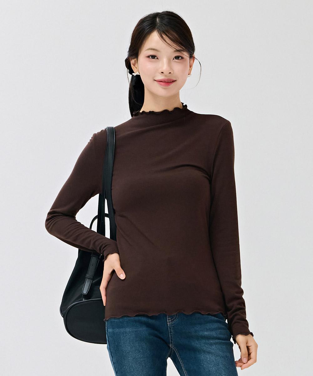 Chase Cult Women S Frill Mock Neck Fleece T-Shirt - Brown Brown/85