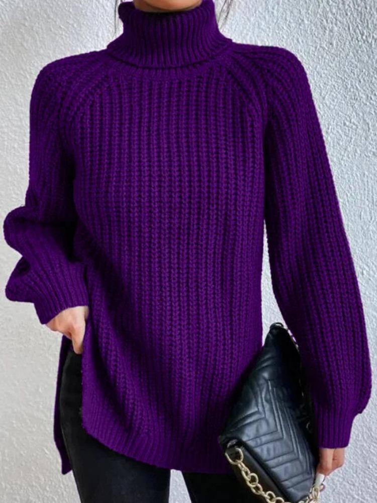 Autumn Winter Knitwear Mid Length Raglan Sleeve High Collar Split Hem Sweater Dress Luxurious Relaxed-fit Slimming and Versatile Top