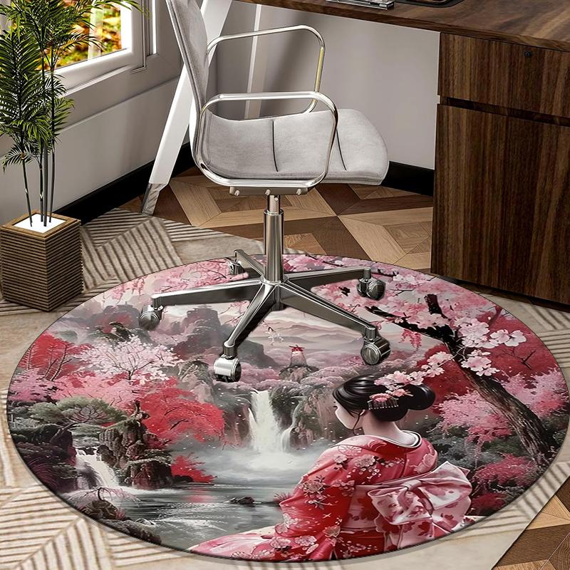 Cherry Blossom Geisha Beauty round carpet Chair cushion Round Entryway Rug, Soft Round Rugs for Living Room, Bedroom, Circle Carpet decor gifts