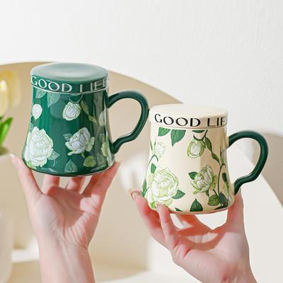 Lily of The Valley Ceramic Water Cup Home Office Large Capacity Coffee Cup Breakfast Cup with Lid Design Coffee Cup