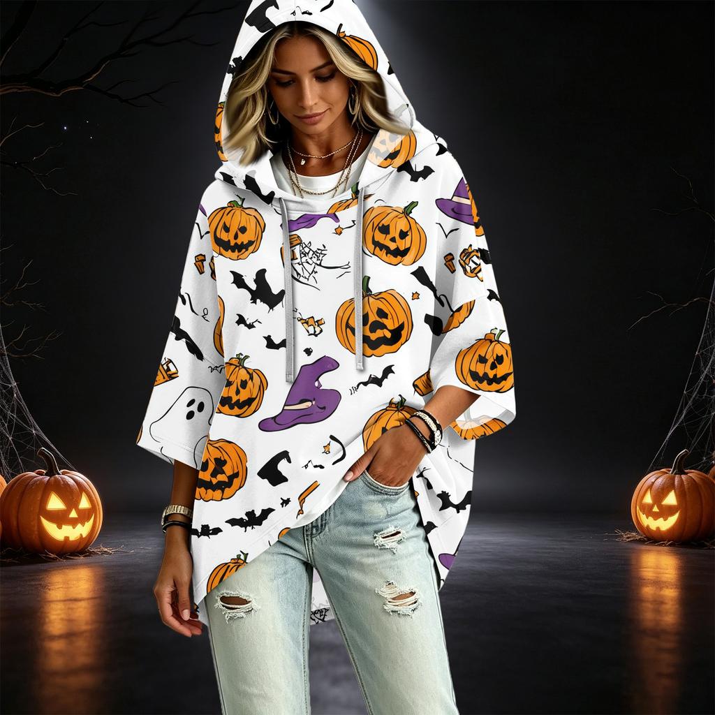 Women's Pullover Hoodie with Three-Quarter Sleeves, Halloween Print, Casual Top