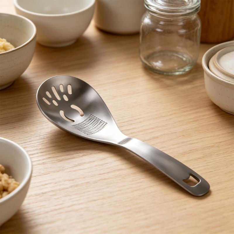 Multifunktionale Edelstahl-Küchenlöffel mit ergonomischem Griff Eiertrenner Kartoffelstampfer Schaumlöffel Sieb und Flaschenöffner