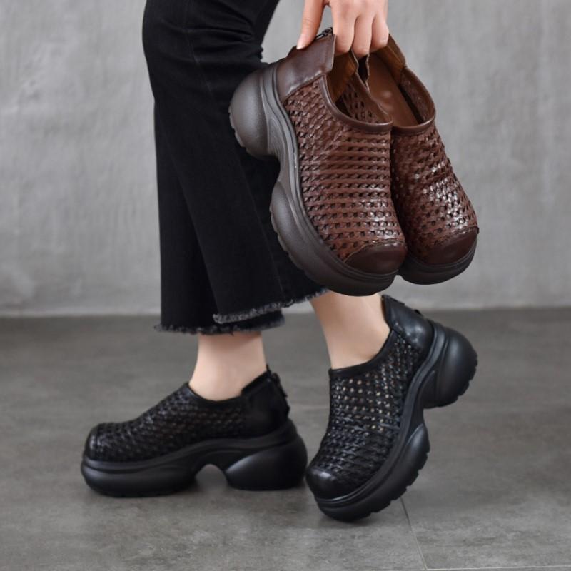 Johnature Thick Soled Height Increasing Genuine Leather Woven Sandals Hollow Breathable Women's Platform Shoes