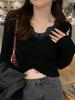 Gray Lace V-Neck Knit Sweater - Women's Slim Fit Long Sleeve Hollow Out Top for Autumn/Winter
