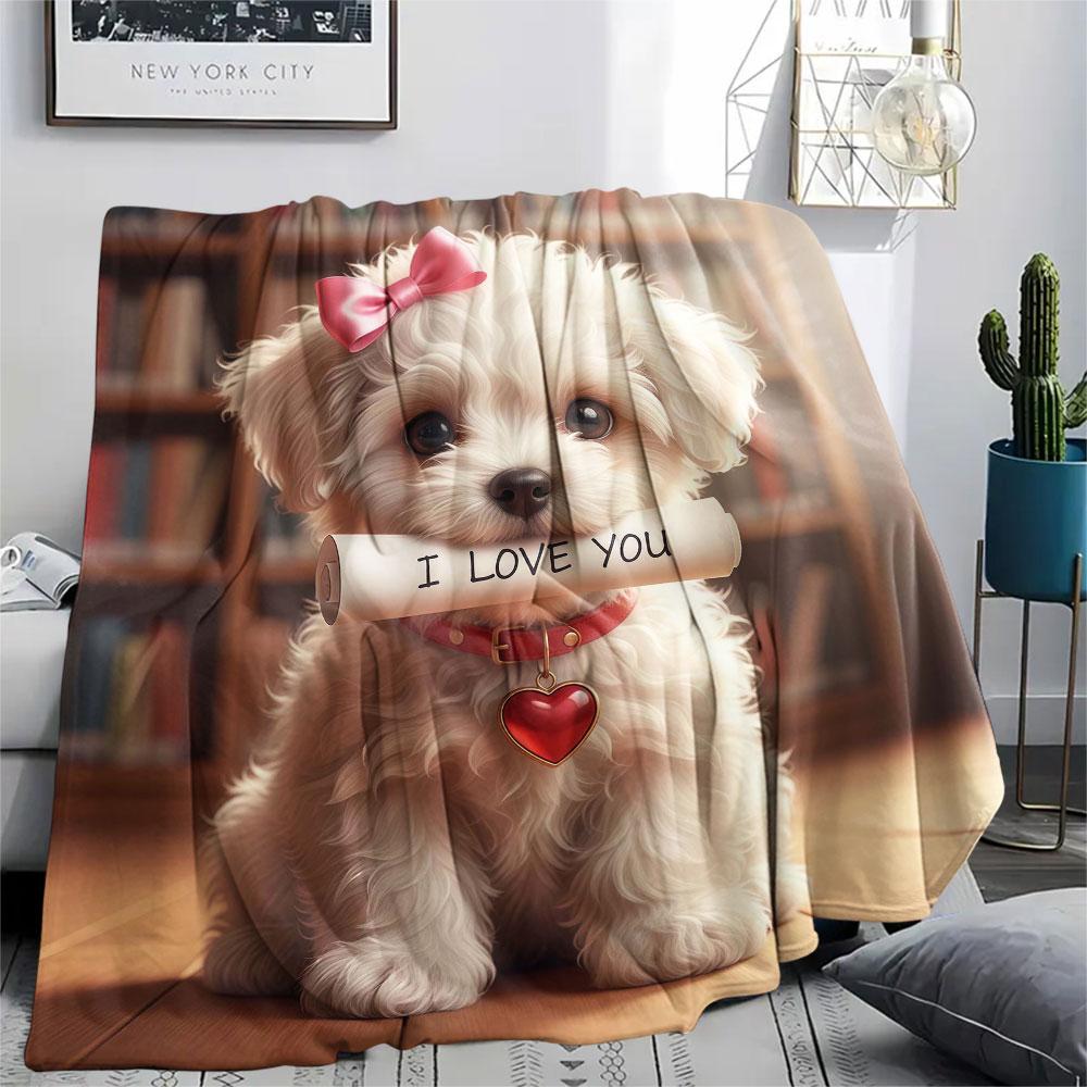 1Pc Iloveyoudog Print Flannel Blanket, High Quality Comfortable for All Seasons, Home Decor, Warmth and Comfort, Perfect for Christmas Gifts