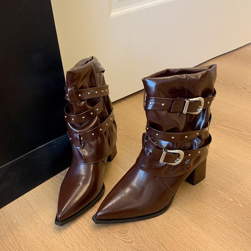 

Модные ретро женские полусапоги с острым носком, толстым каблуком, универсальные, тонкие 40 коричневый