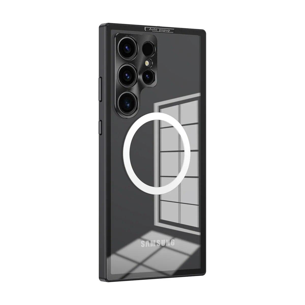 

Прозрачный задний чехол с металлическим каркасом для Samsung Galaxy S22 S23, ультрамагнитный эластичный чехол с пряжкой Magsafe, защита объектива для iphone 15 14 13 12 Pro Max iphone 12promax чёрный