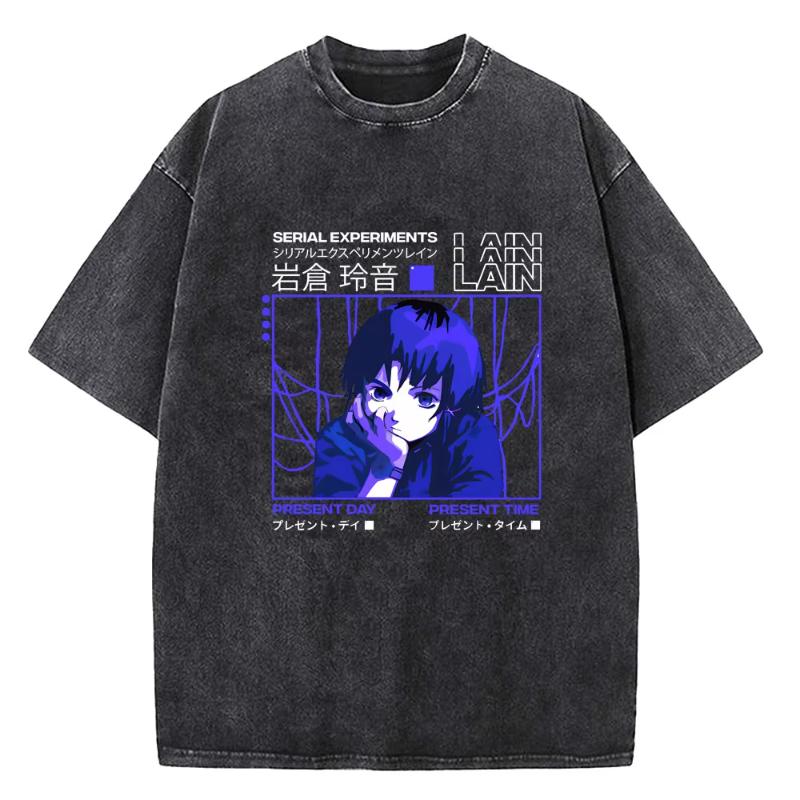 Women Japanese Anime Serial Experiments Lain Vintage Washed T Shirt High Quality Manga Short Sleeve T Shirt Women