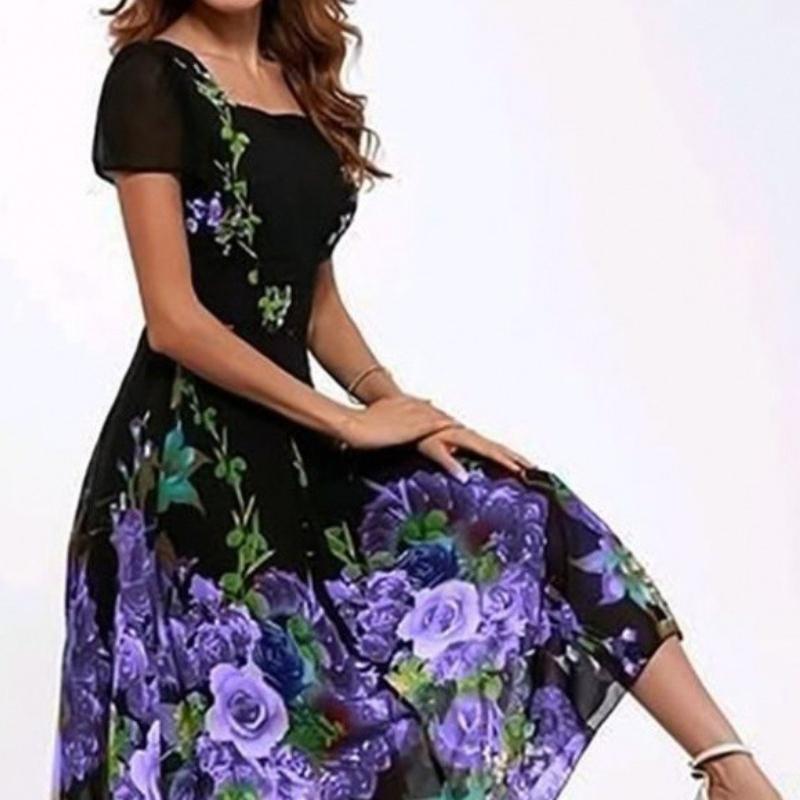 

YYFS женские модные летние весенние повседневные платья с цветочным узором и коротким рукавом с квадратным воротником и средней талией S