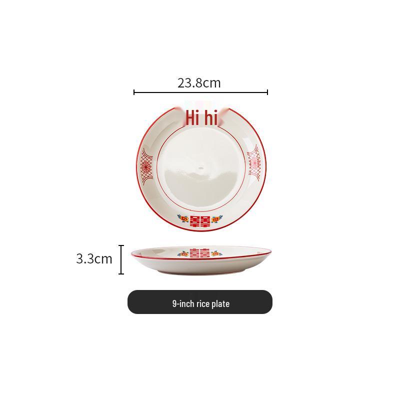 Set di Piatto Rotondo Rosso Ceramica Retrò Doppia Felicità - Piatto Basso, Piatto Piatto, Piatto per Hot Pot, Piatto per Carne, Piatto per Salsa e Piatto per Pesce per Tavola da Ristorante.