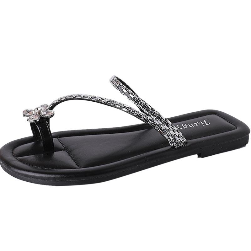 Flat-bottomed French set of toe slippers for women's outerwear, spring and summer 2025, new soft-soled with skirt, rhinestone sandals