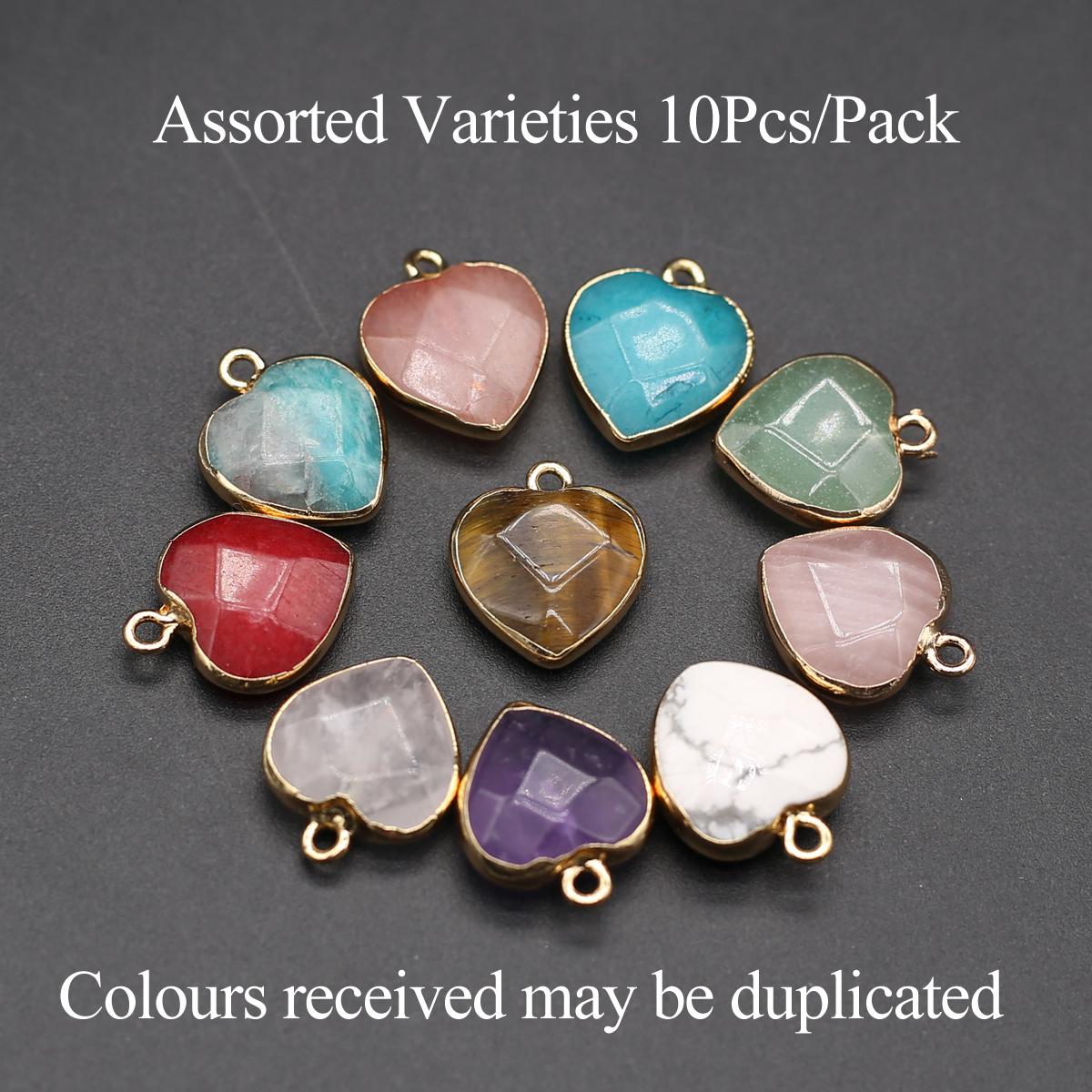 

10 шт., Подвеска-сердце из кристалла для исцеления Рейки, Граненый натуральный камень Кварц Аметист Самоцвет Позолоченные гальваническим способом края Шармы для изготовления ювелирных изделий DIY 10Pcs/15×18mm