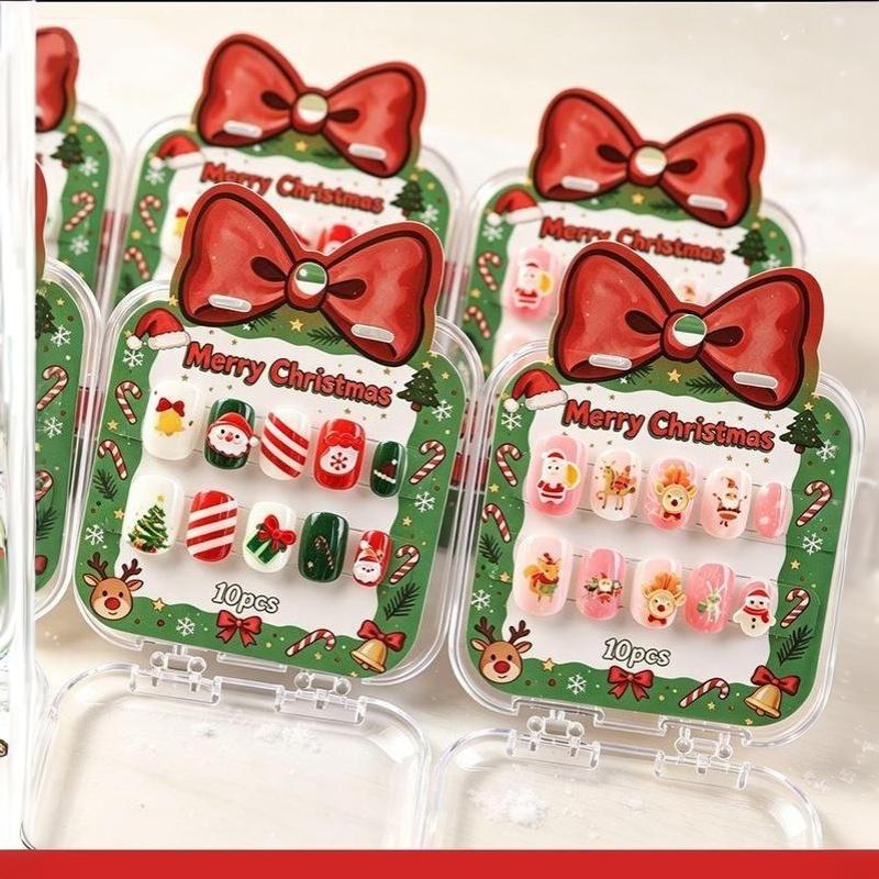 10Pcs Merry Christmas Ins Trend Press On Nails Chic Nail Patch Ladies Cute 3D Christmas Tree Santa Claus Decoration Nail Art