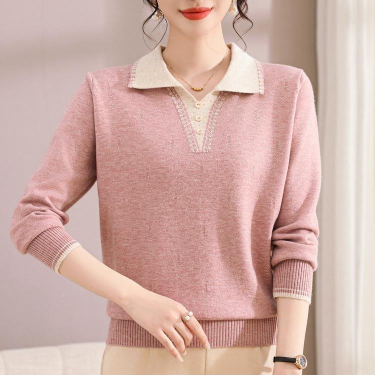 Mom's Autumn Clothes New Knitted Bottoming Shirt Middle-aged and Elderly Women's Clothing Spring and Autumn Lapel Neck Long-sleeved Pullover