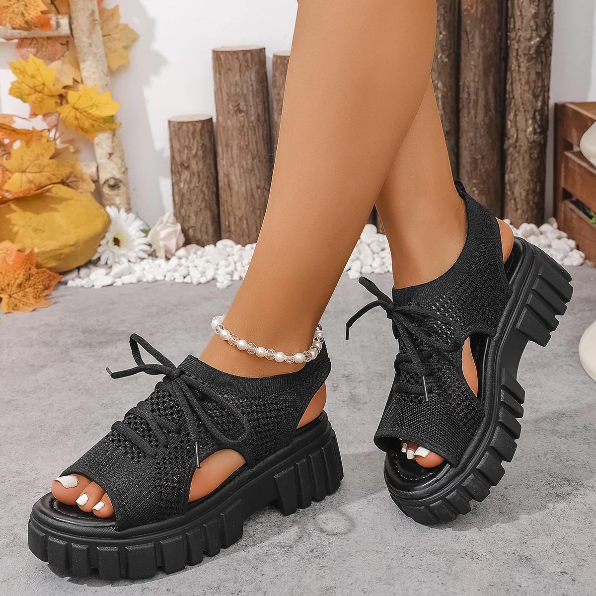 

Fashion Women Sandals Fashion Comfortable Sandals Round-toe Wedge Roman Sandals 2025 New Non-slip Thick-soled Lace-up Casual Shoes Women 36 чёрный
