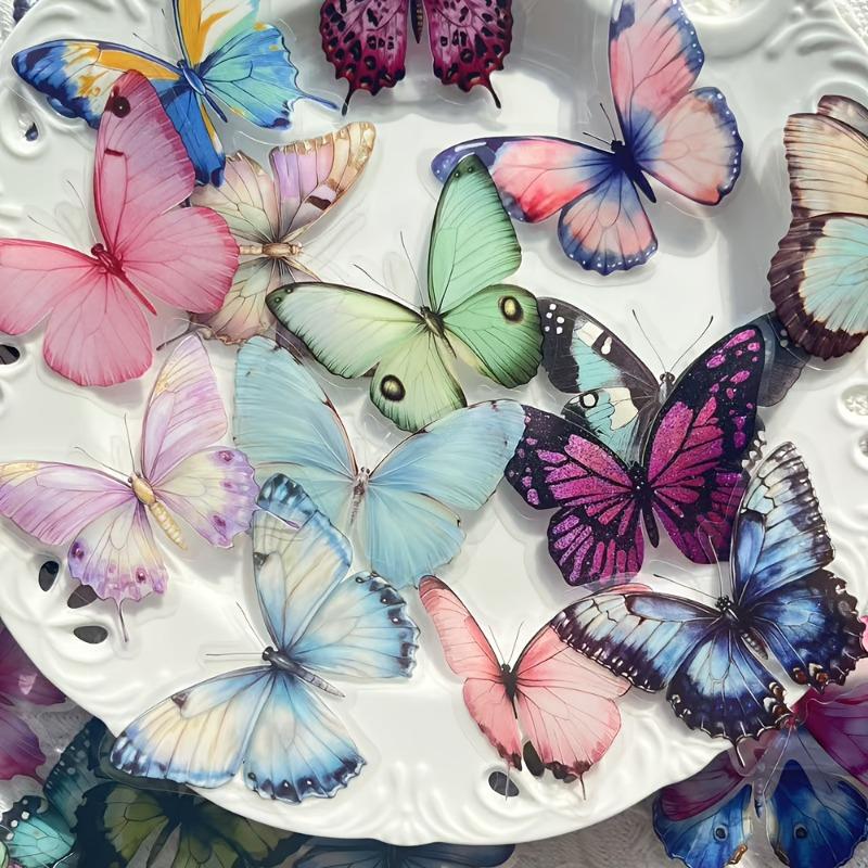 32 Pcs/Box Vibrant Butterfly Stickers - Waterproof PET Adhesive for Laptops Scrapbooks Transparent Colorful Decorative Stickers.