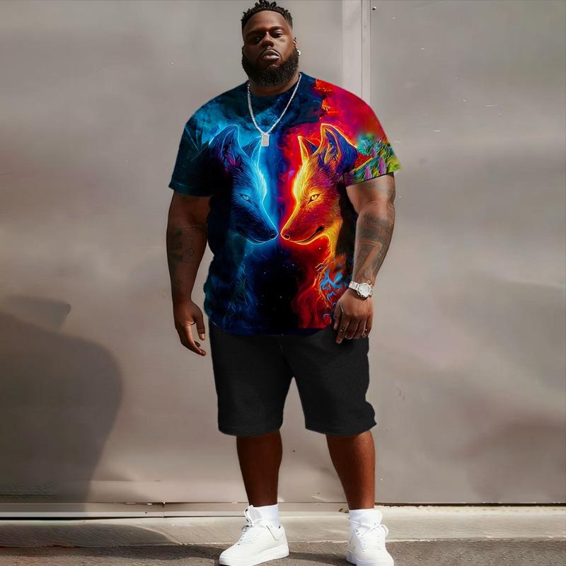 S-6XL Große Größen Herren Oversized Fit, Wolf, Mond & Flamme 3D-Druck T-Shirt & Shorts Set, Lässiges Streetwear Outfit