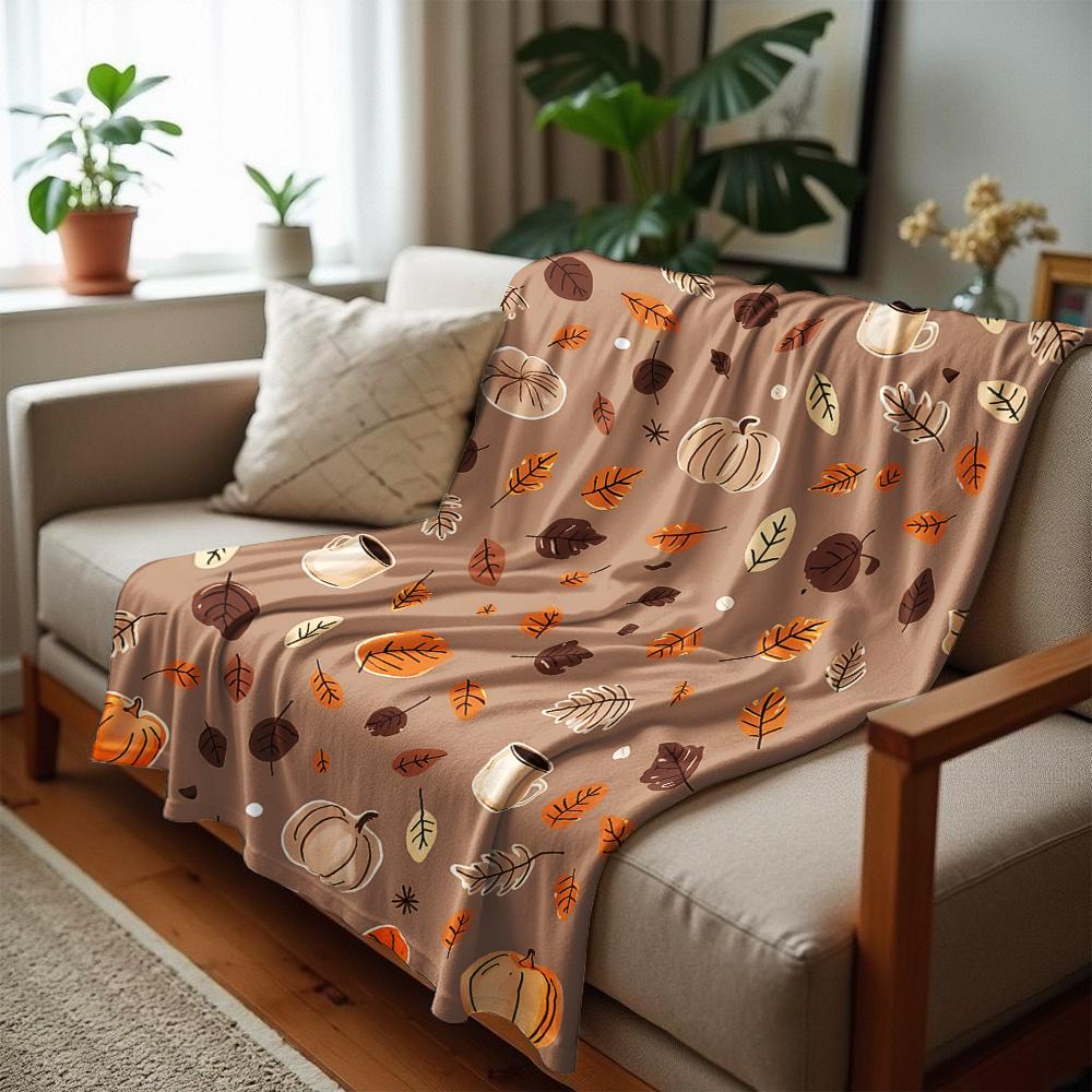 Pumpkin Coffee Fall Cartoon Anime Print Flannel Blanket Soft Warm Throw for Kids Bedroom Sofa Christmas Office Car