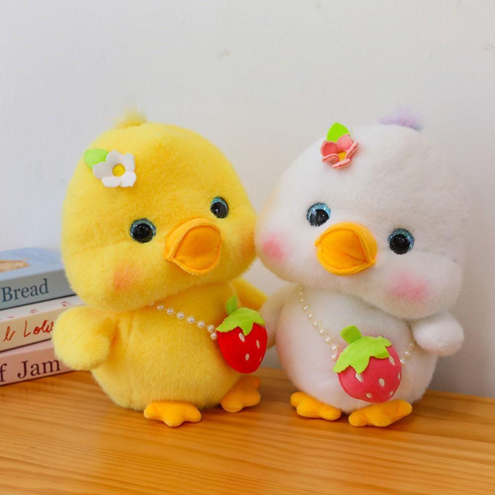 3d Eyes Pressing Music Duck Plush Toy Strawberry Hanging Bag Yellow Duck Plush Doll  Home Decor