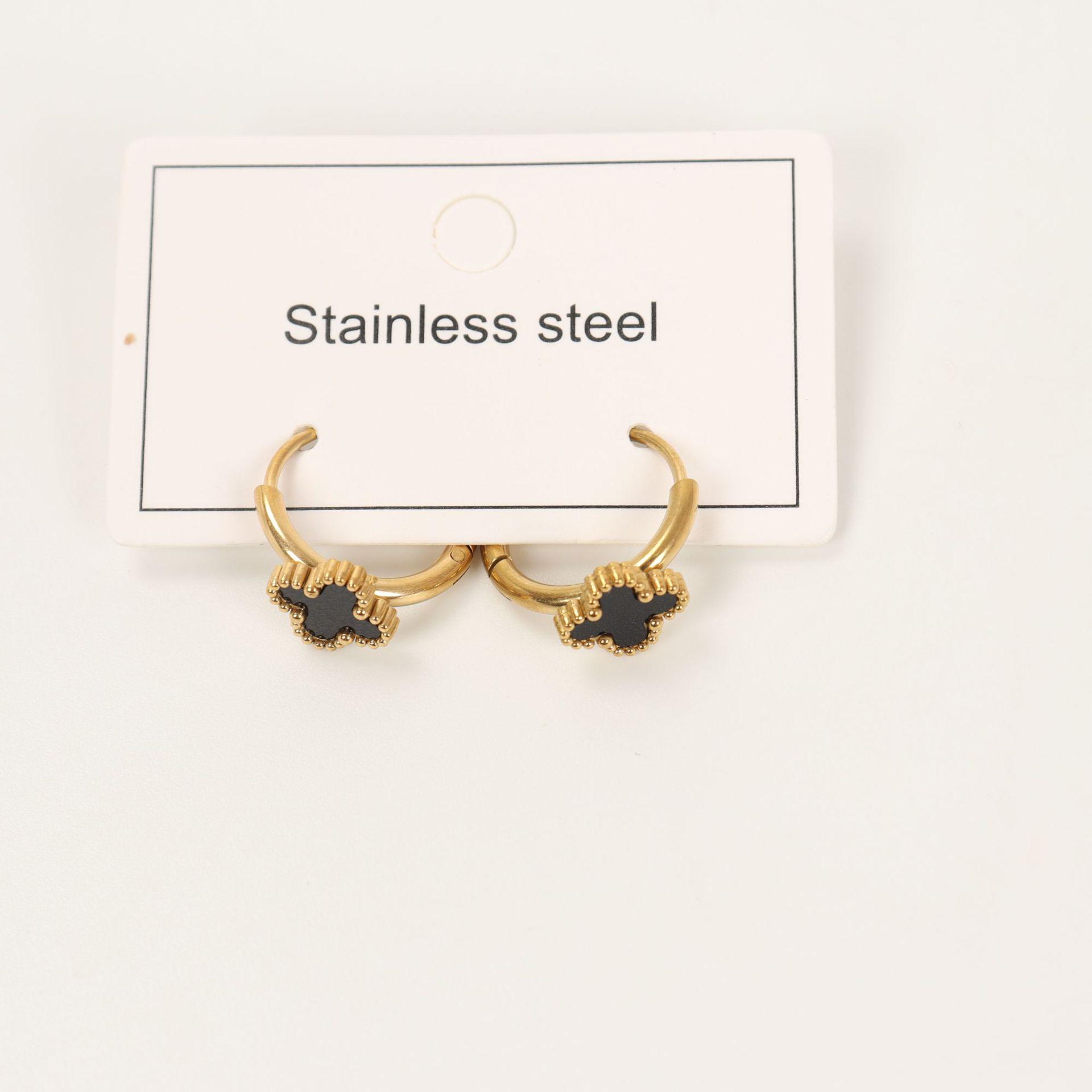 18K Gold Titanium Steel Four-Leaf Clover Earrings with Butterfly Studs for Women - Colorfast Stainless Steel Jewelry чёрный