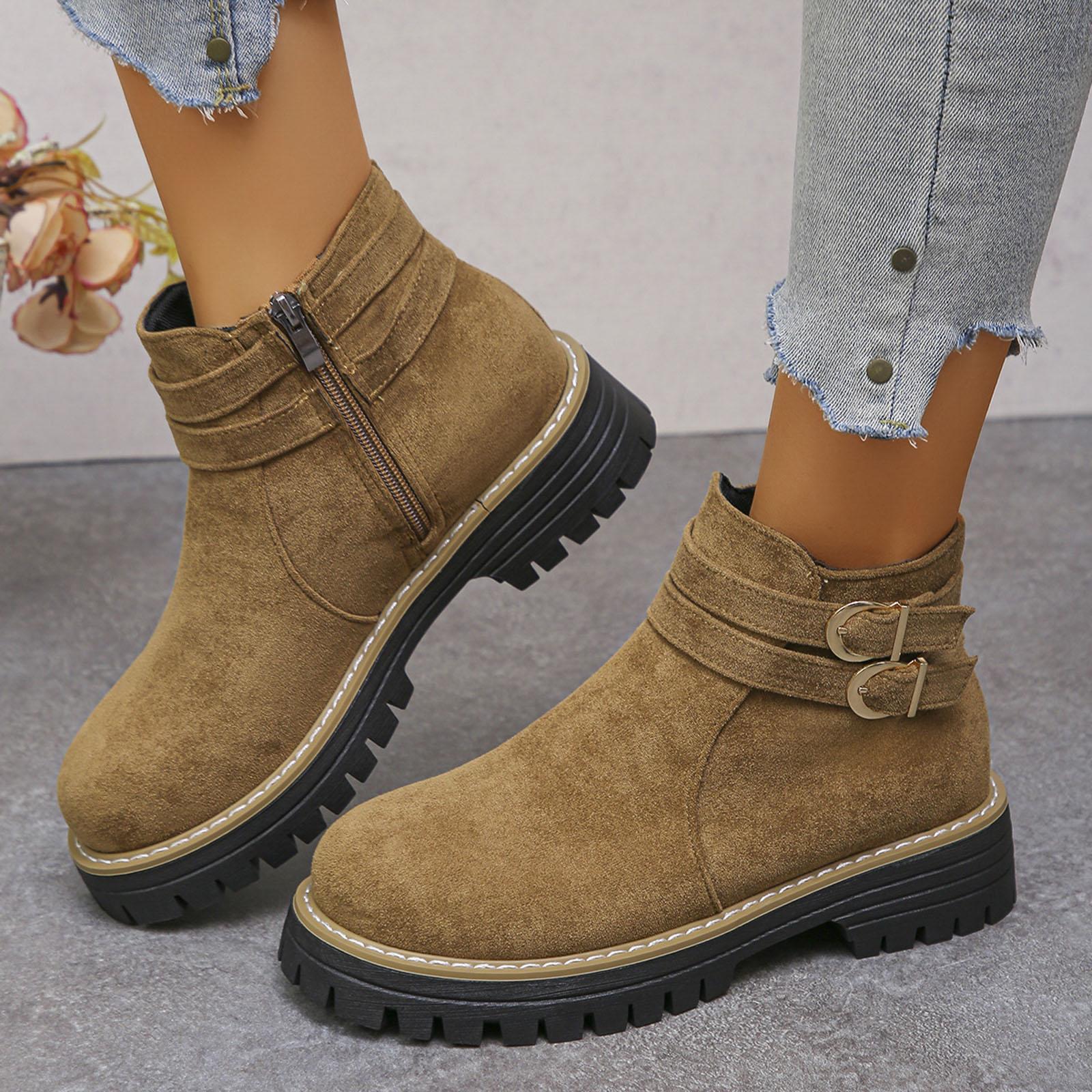 Women s Chunky Heel Side Zipper Short Boots Chunky Heel Thick Sole Retro Fashion Shoes Boots Women with Heel Size 12 37 коричневый