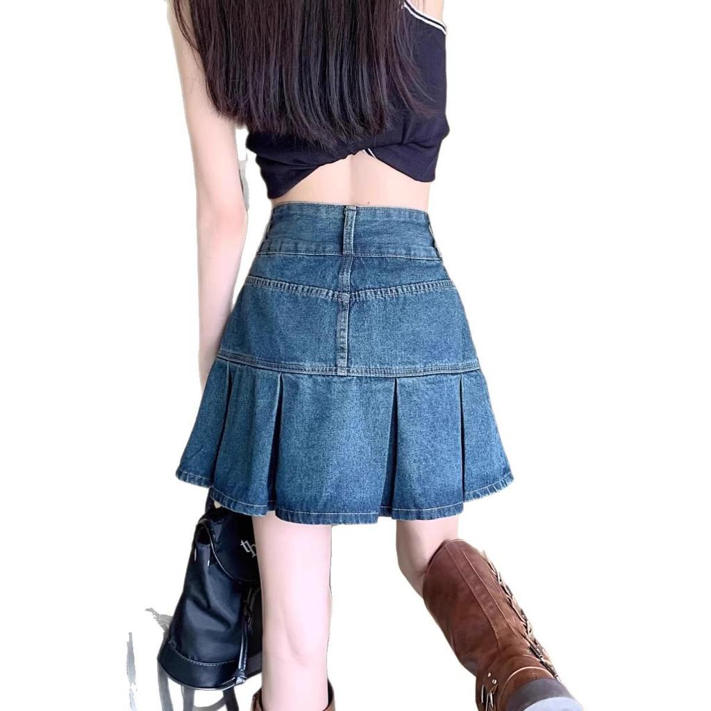 High-waisted Retro Denim A-Line Skirt for Women - Summer Korean Style, Tummy-Covering, Slimming, Designer Niche, Short Pleated Skirt