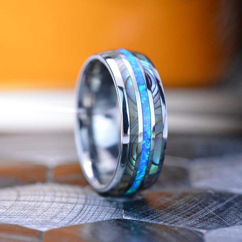 Fashion 8mm Silver Color Stainless Steel Ring For Men Fashion Abalone Shell Inlay Ring Men's Wedding Band Accessories