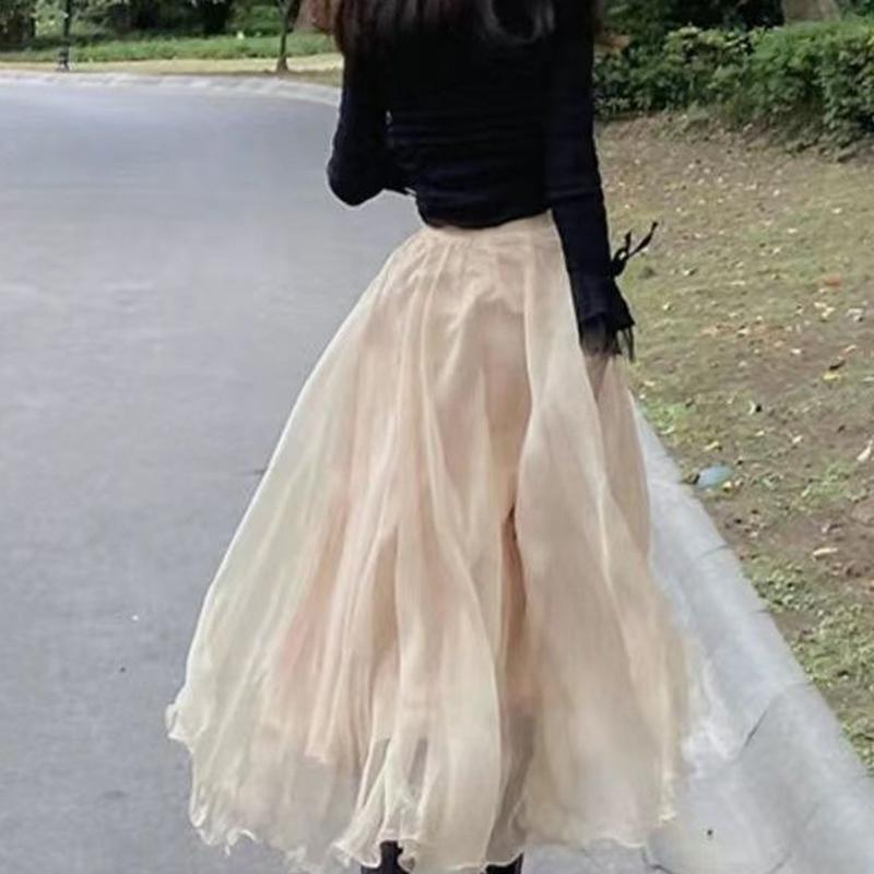 Frühlings Damen Chiffonrock Lässig Hohe Taille Locker Knöchellang Rock Alles Passt Damen Rüschen A-Linien Röcke