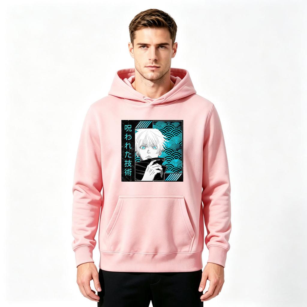 Men Anime Jujutsu Print Pullover Hoodie Casual Long Sleeve Sweatshirt with Bright Eye Character Pattern