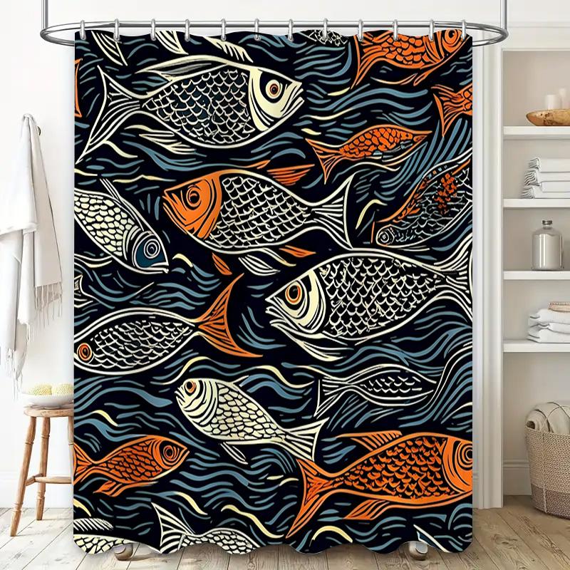 Colorful Fish Pattern Shower Curtain Navy Blue Orange Decorative Waterproof Fabric Bath Liner for Home Bathroom Accessory Decora