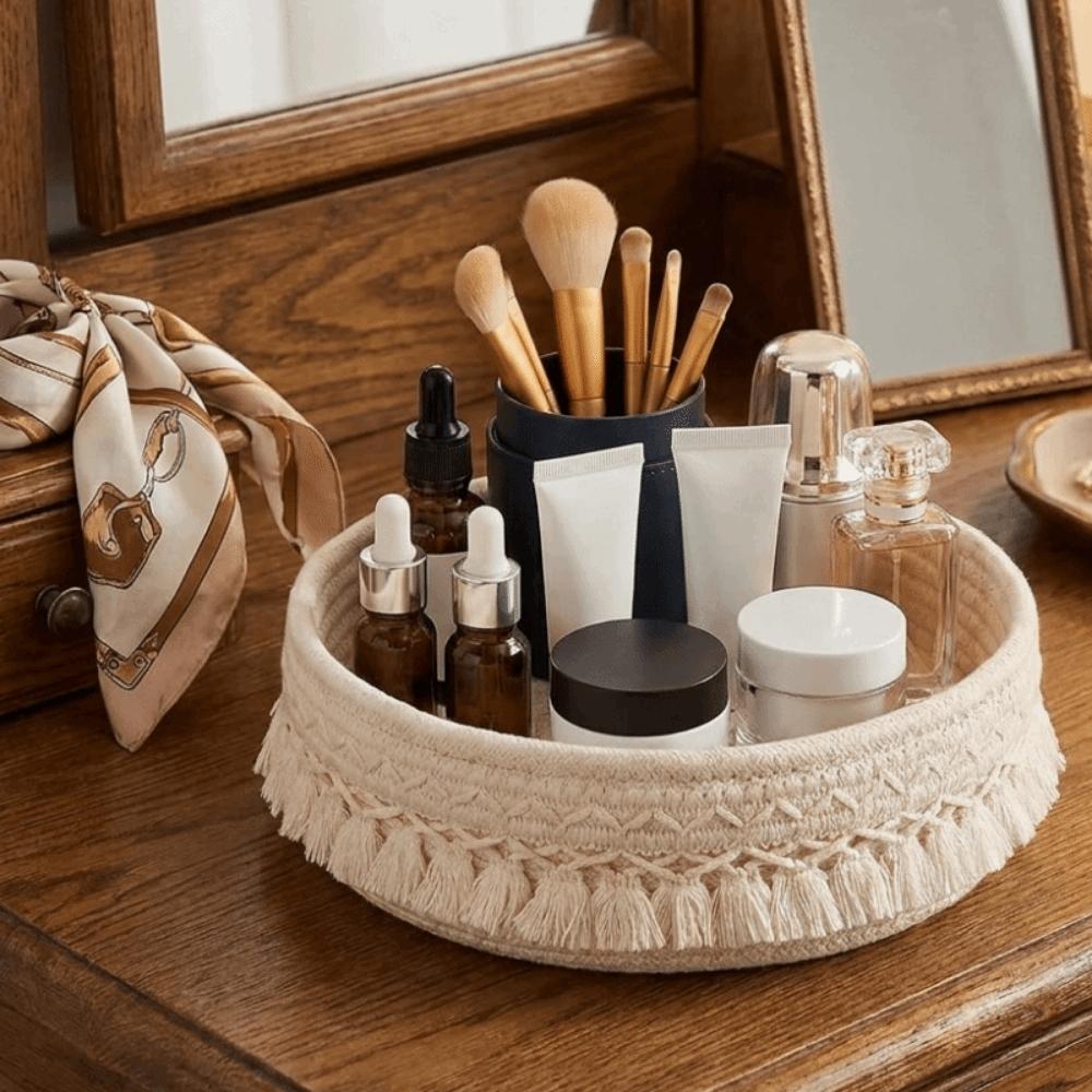 Cotton Rope Woven Storage Basket Bohemian Style Save Space Cosmetic Storage Basket with Tassel Large Capacity