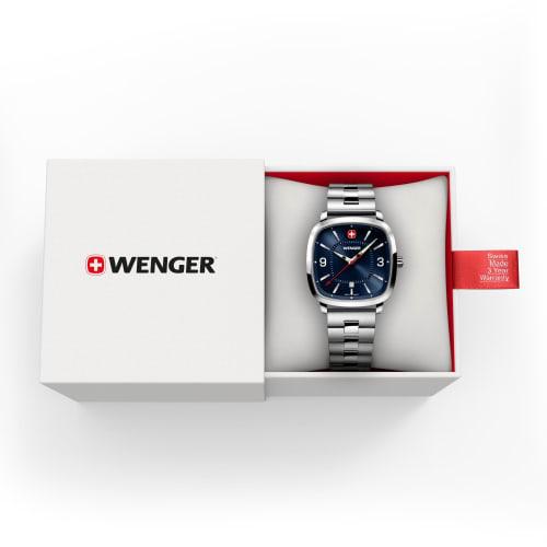 WENGER VINTAGE SPORT Pánské hodinky, Pouzdro z nerezové oceli (316L), Modrý ciferník, Stříbrný náramek z nerezové oceli, Quartzový strojek, Vodotěsnost 50 m, Anal
