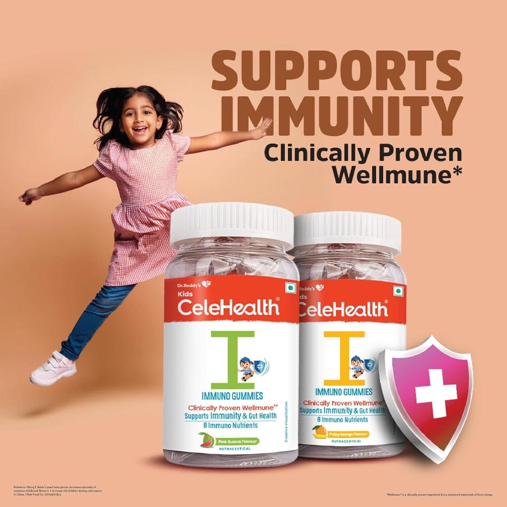 Dr. Reddy's Kids CeleHealth Immunity Gummies with Wellmune, Vitamin C & Zinc, Pink Guava Flavour, 30 Gummies Pack