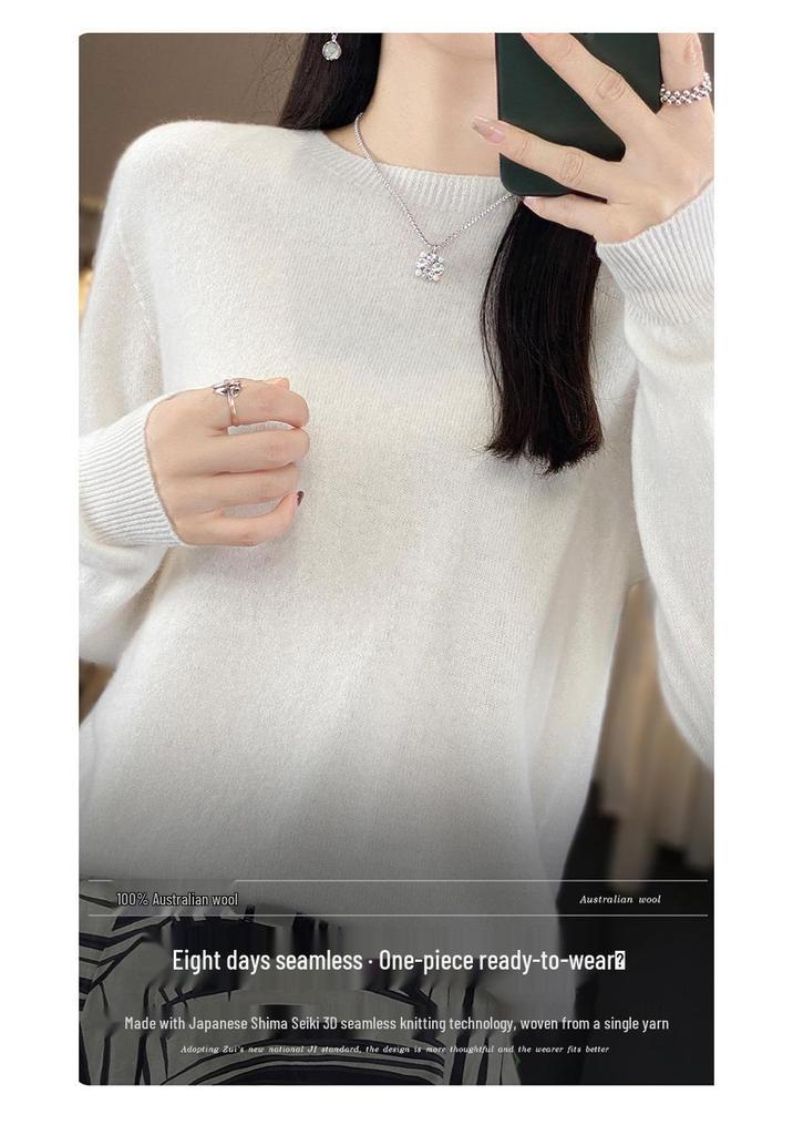 Women's 100% Pure Wool Versatile Round Neck Loose Sweater - Solid Color Knitwear