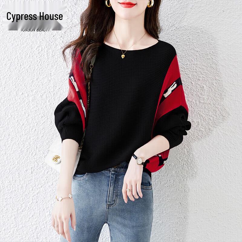 

Women s Batwing Sleeve Contrast Knit Sweater One Size