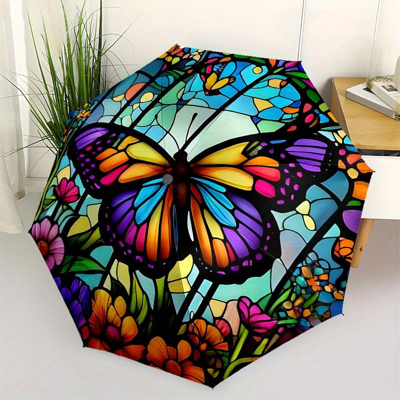 "Colorful Butterfly Stained Decor"Umbrella, Portable 3-Fold Compact Umbrella for Men & Women ES22
