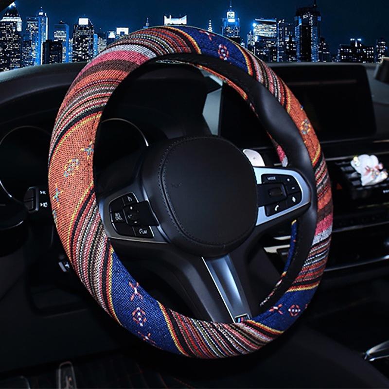 38CM Ethnic Style Coarse Linen Car Steering Wheel Cover Trendy Personalized Handle Wrap for Car Steering Wheels & Accessories