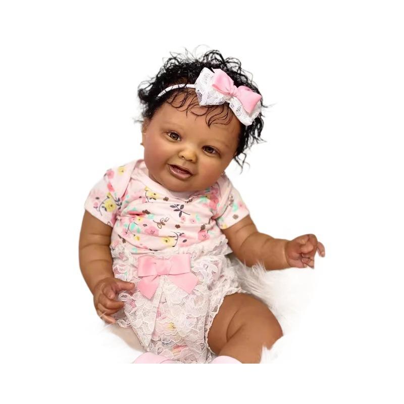 24 " 60 Cm Black Skin Rebirth Baby Doll Girl KODI Sof Cloth Body Simulation Reborn Dolls Lifelike Handmade Rooted Short Curly Hair Newborn Babies Doll