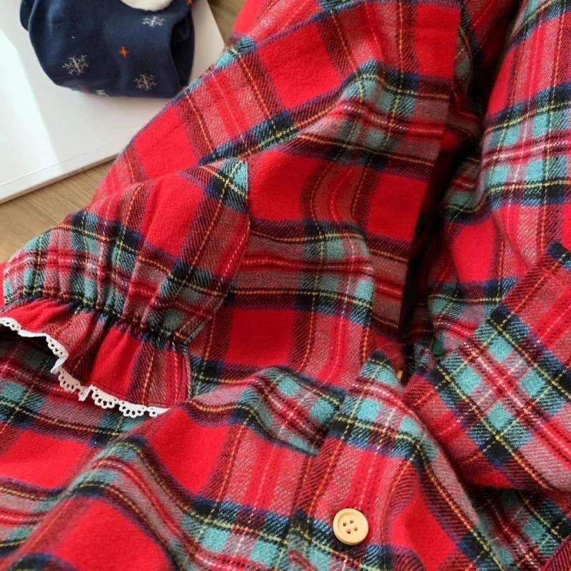 New Doll Collar Red Checkered Pajama Set Students Homewear Women Spring Autumn Sleepwear Loose Lattice Loungewear